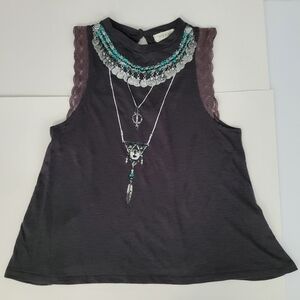 🌸3/$15 Taylor & Sage Grey Boho Grunge Faux Necklace Lace Trim Mockneck Tank top